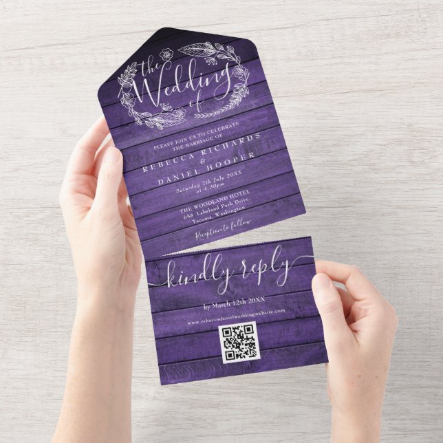Rustic Purple Barn Wood QR Code Floral Wedding All In One Invitation (Tearaway)