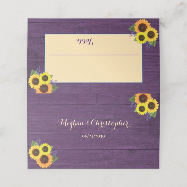 Rustic Purple Barn Wood Sunflower Floral Wedding Place Card (Outside Unfolded)