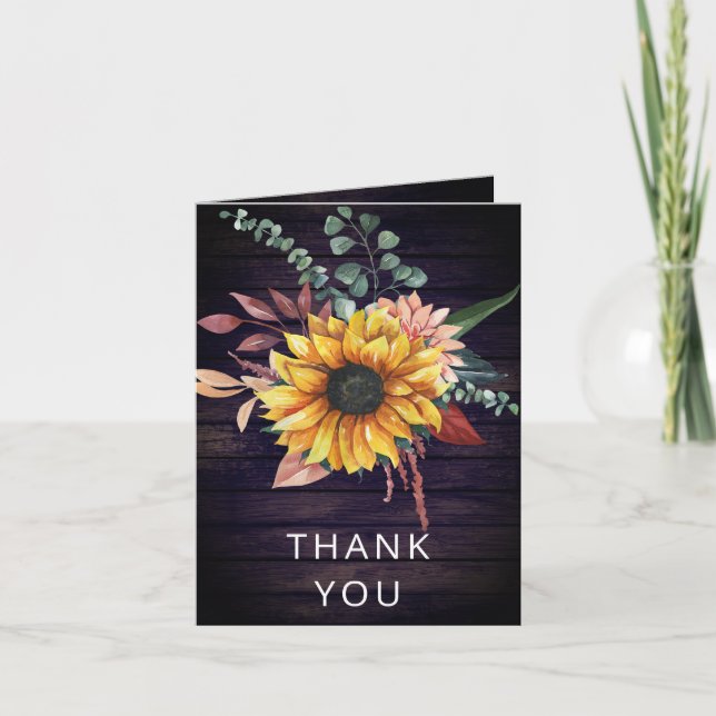 Rustic Purple Barn Wood Sunflowers Thank You Cards (Front)