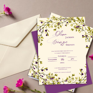 Rustic Purple Berry Leaves Romantic Wedding Invitation