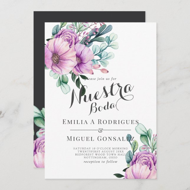 Rustic Purple Bloom Nuestra Boda Spanish Wedding Invitation (Front/Back)