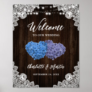 Rustic Purple Blue Wood Wedding Welcome Sign