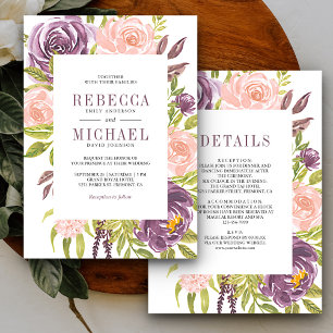 Rustic Purple Blush Pink Floral All in One Wedding Invitation