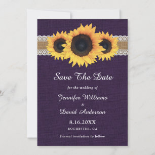 Rustic Purple Burlap Lace Lights Sunflower Wedding Save The Date