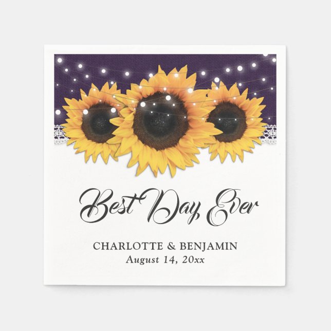 Rustic Purple Burlap Lace Sunflower Wedding Napkin (Front)