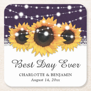 Rustic Purple Burlap Lace Sunflower Wedding Square Paper Coaster