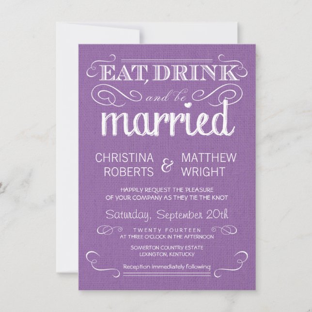 Rustic Purple Burlap Vintage Wedding Invitations (Front)