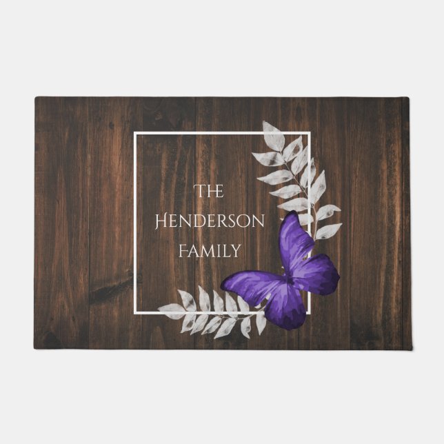 Rustic Purple Butterfly Personalised Doormat (Front)