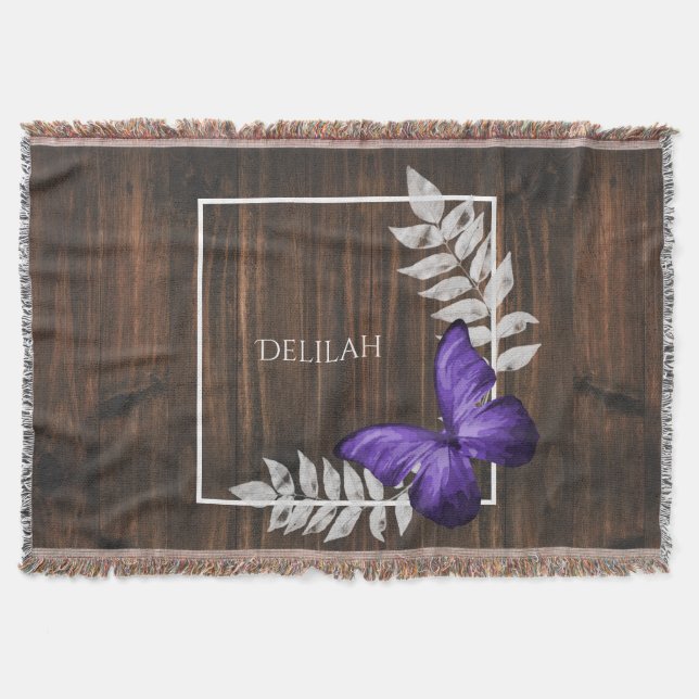 Rustic Purple Butterfly Personalised Throw Blanket (Front)