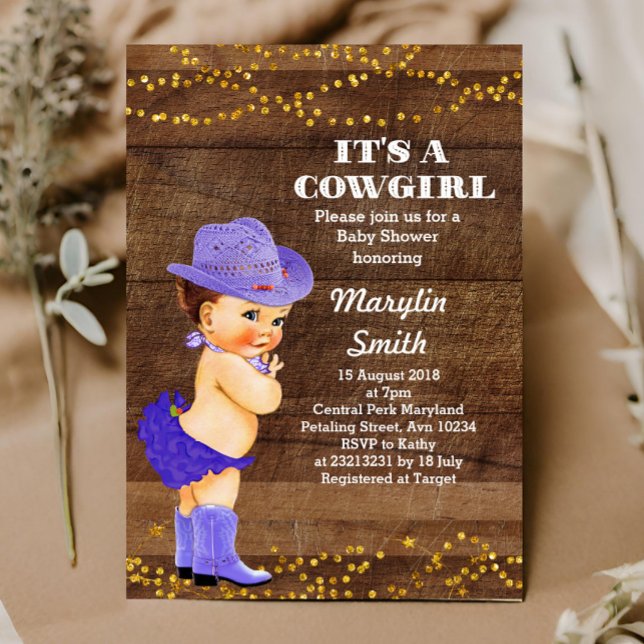 Rustic Purple Cowgirl Baby Shower Girl Invitation (Creator Uploaded)