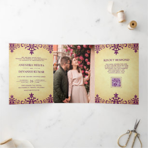 Rustic Purple Damask Ethnic QR Code Indian Wedding Tri-Fold Invitation