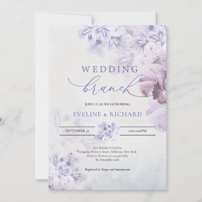 Rustic purple dusty pink spring wedding brunch invitation (Front)