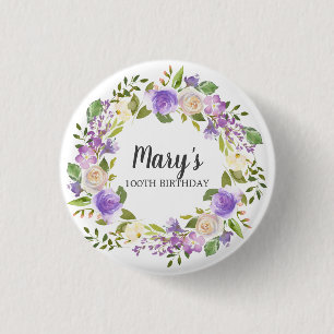 Rustic Purple Floral 100th Birthday 3 Cm Round Badge