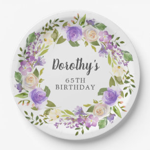 Rustic Purple Floral 65th Birthday Paper Plate