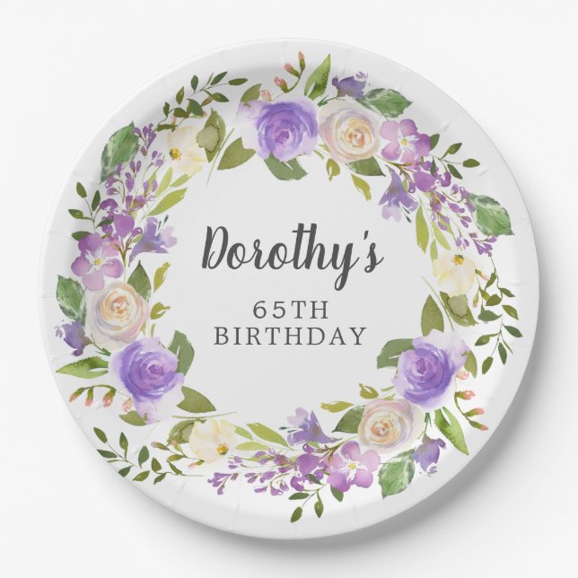 Rustic Purple Floral 65th Birthday Paper Plate (Front)