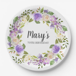 Rustic Purple Floral 70th Birthday Paper Plate