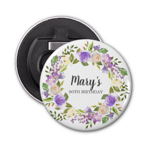 Rustic Purple Floral 90th Birthday Favour Bottle Opener