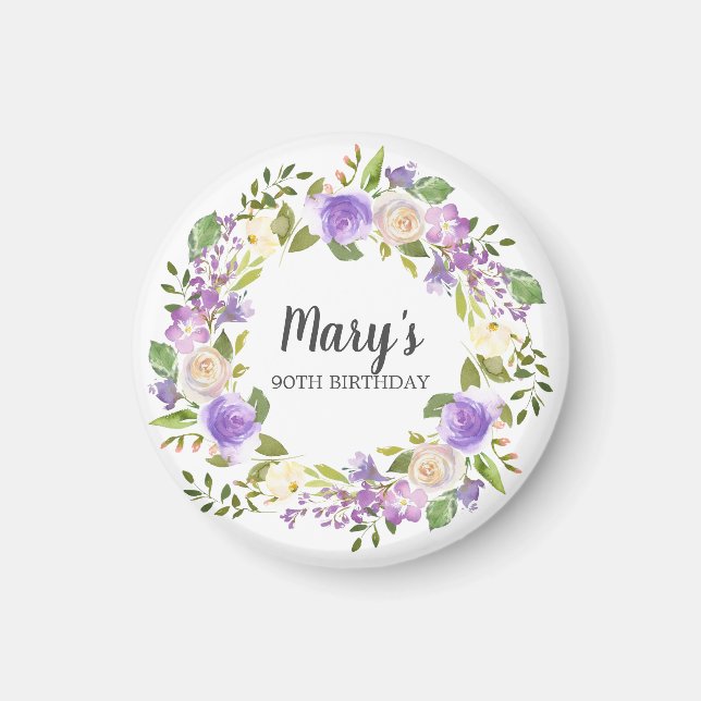 Rustic Purple Floral 90th Birthday Favour Magnet (Front)
