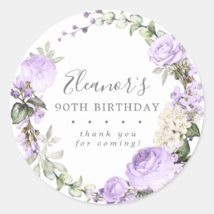Rustic Purple Floral 90th Birthday Thank You Classic Round Sticker