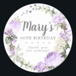 Rustic Purple Floral 90th Birthday Thank You Classic Round Sticker<br><div class="desc">Soft purple roses and bright purple buds create a beautifully rustic floral wreath. White hydrangeas at to the floral bloom. The birthday woman's name is written in a large script font. 90th Birthday and the thank you sentiment follow. This birthday sticker is part of the 90th Birthday Violette collection. It...</div>