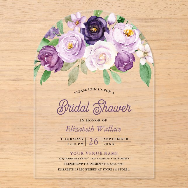 Rustic Purple Floral Bridal Shower Acrylic Invitations (Front)