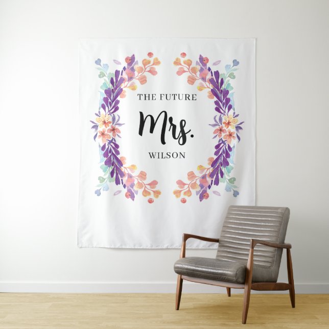 Rustic Purple Floral Bridal Shower Backdrop Tapestry (In Situ)