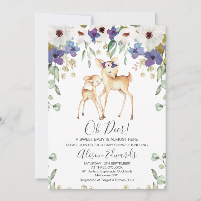 Rustic Purple Floral Deer Baby Shower Invitation (Front)