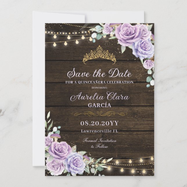 Rustic Purple Floral Enchanted Forest Quinceañera Save The Date (Front)