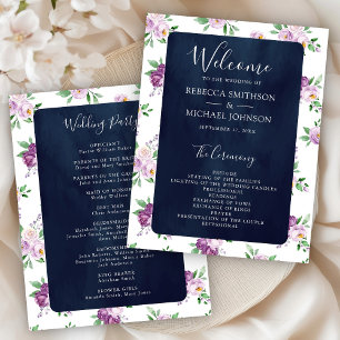 Rustic Purple Floral Navy Blue Wedding Program