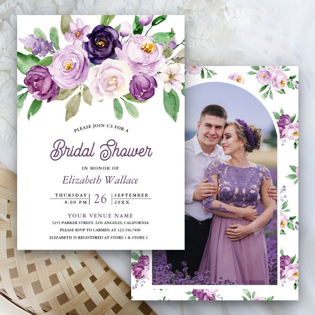 Rustic Purple Floral Photo Bridal Shower Invitation (Creator Uploaded)