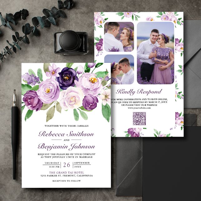 Rustic Purple Floral Photo Collage QR Code Wedding Invitation (Creator Uploaded)