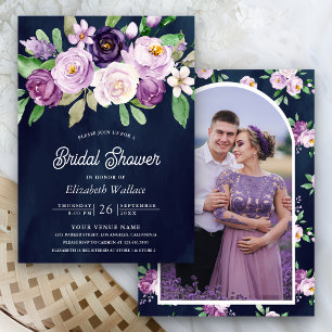 Rustic Purple Floral Photo Navy Blue Bridal Shower Invitation