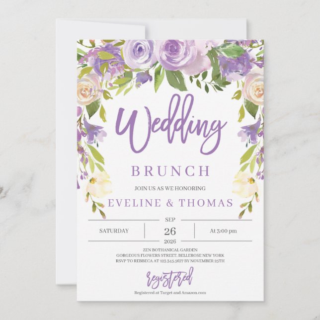 Rustic purple floral romantic wedding brunch invitation (Front)