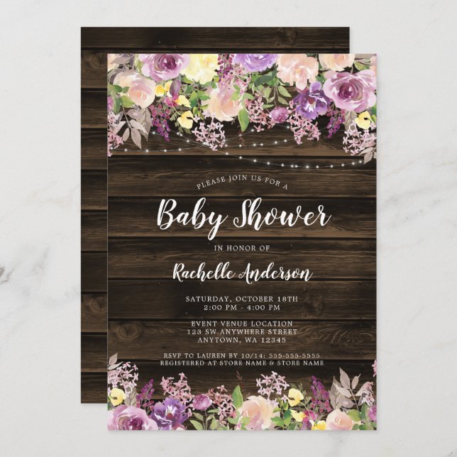 Rustic Purple Floral String Light Girl Baby Shower Invitation (Front/Back)