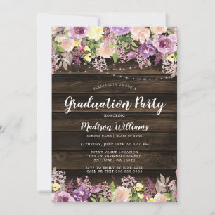 Rustic Purple Floral String Light Graduation Party Invitation