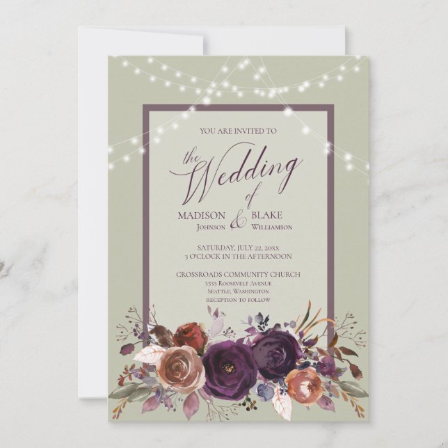 Rustic Purple Floral String Light Green Wedding Invitation (Front)