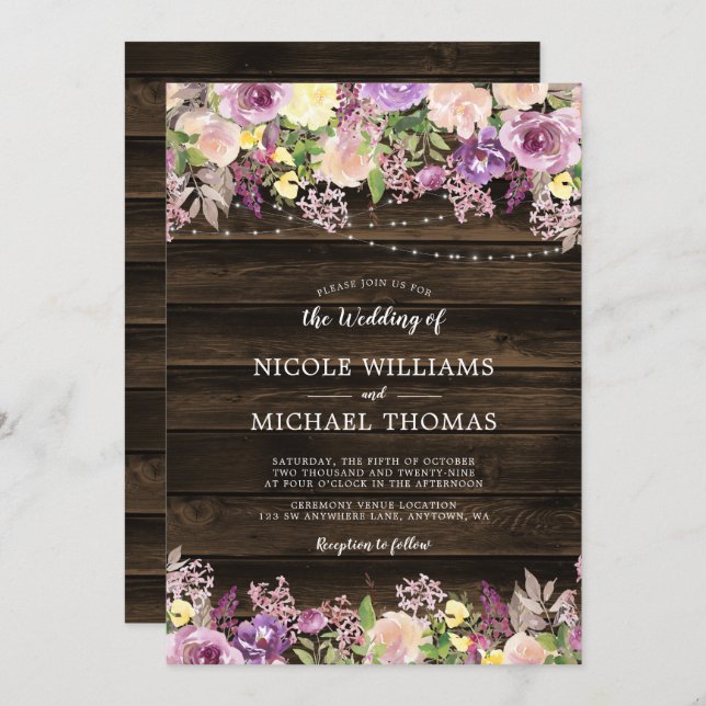 Rustic Purple Floral String Lights Wedding Invitation (Front/Back)