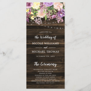 Rustic Purple Floral String Lights Wedding Programme