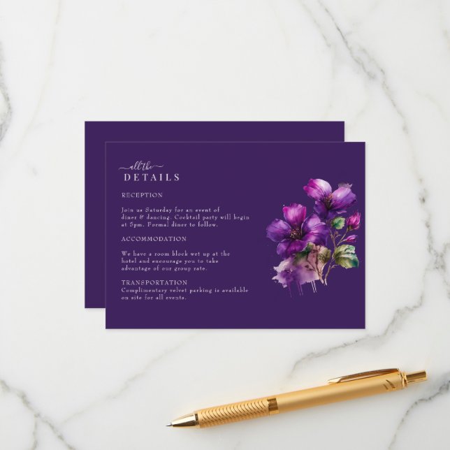 Rustic Purple Floral Wedding Details Card (Front/Back In Situ)