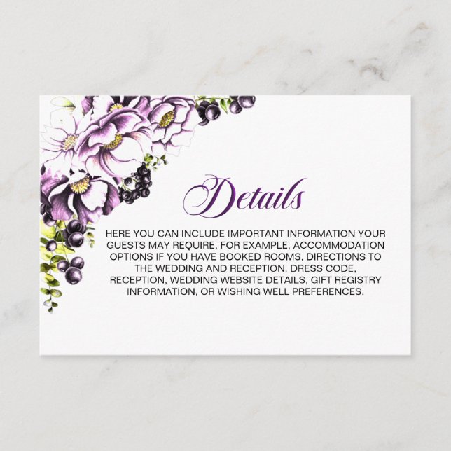 Rustic Purple Floral Wedding Details Enclosure Card (Front)