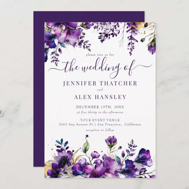 Rustic Purple Floral Wedding Invitation (Front/Back)