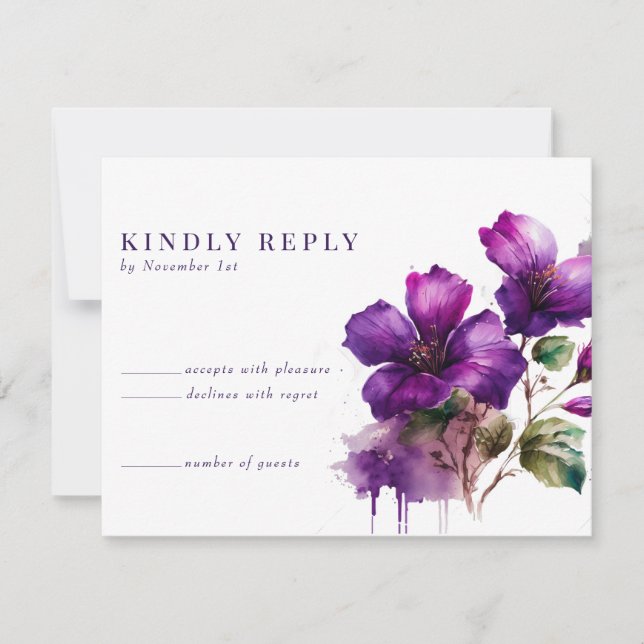 Rustic Purple Floral Wedding Response RSVP Cards (Front)