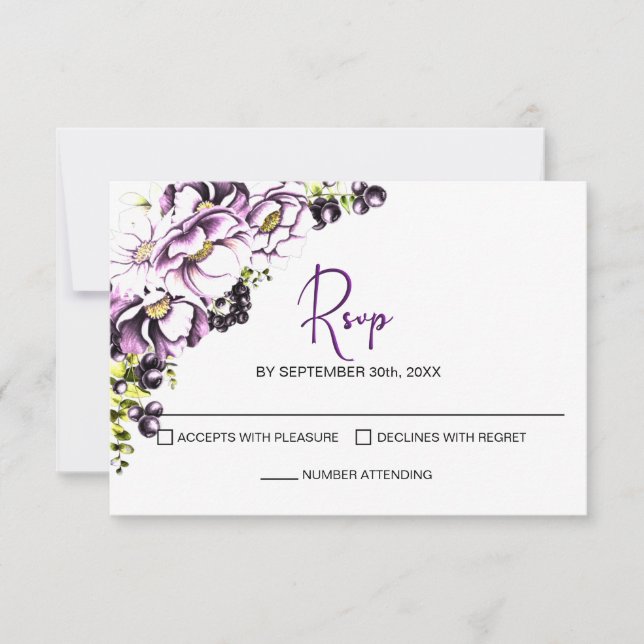 Rustic Purple Floral Wedding RSVP Card (Front)