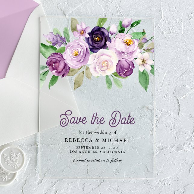 Rustic Purple Floral Wedding Save the Date Acrylic Invitations (Creator Uploaded)