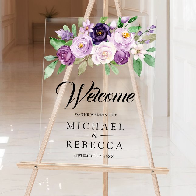 Rustic Purple Floral Wedding Welcome Acrylic Sign (Creator Uploaded)