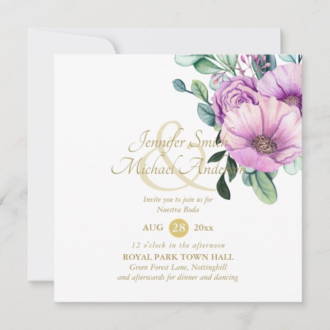 Rustic Purple Flowers Nuestra Boda Invitacions (Front)