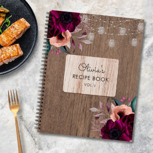 Rustic Purple Flowers Wood Light Recipe Cookbook Notebook