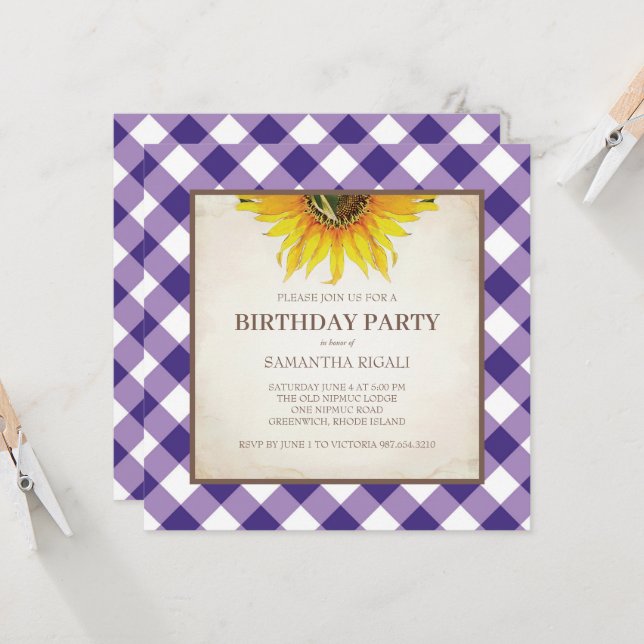Rustic Purple Gingham Birthday Invitation (Front/Back In Situ)
