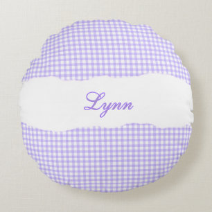 Rustic Purple Gingham Personalized Name Round Cushion