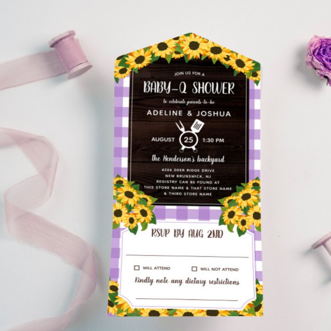 Rustic Purple Gingham Sunflowers Baby-Q Shower All In One Invitation (Creator Uploaded)